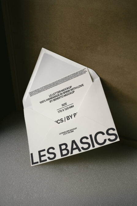 White envelope mockup with letter insert displaying Les Basics by Bendito