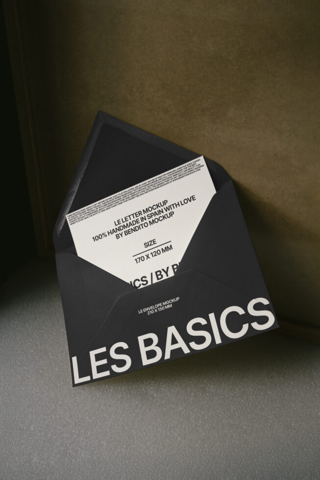 Black envelope mockup with white letter insert showing Les Basics branding