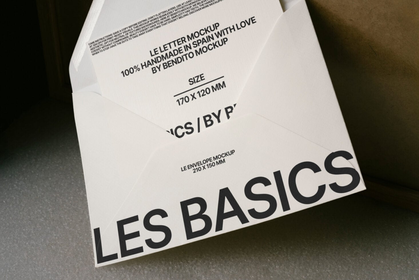 White envelope mockup with letter insert in natural light, Les Basics shown