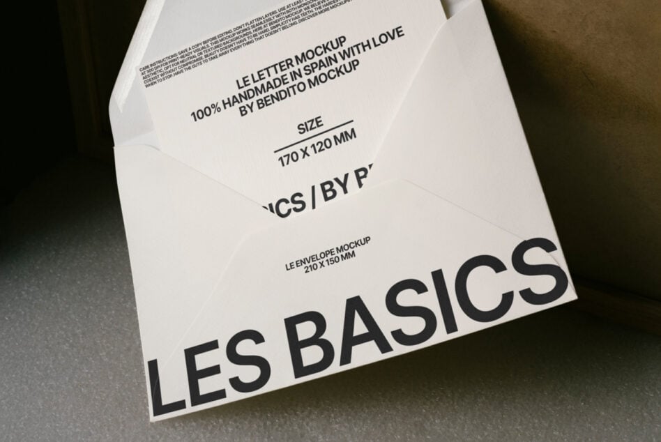 White envelope mockup with letter insert in natural light, Les Basics shown
