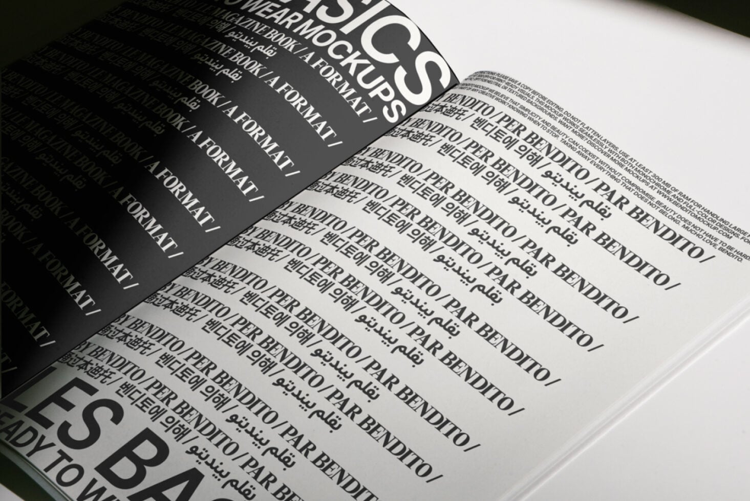 Magazine opened showing left dark page right white page closeup