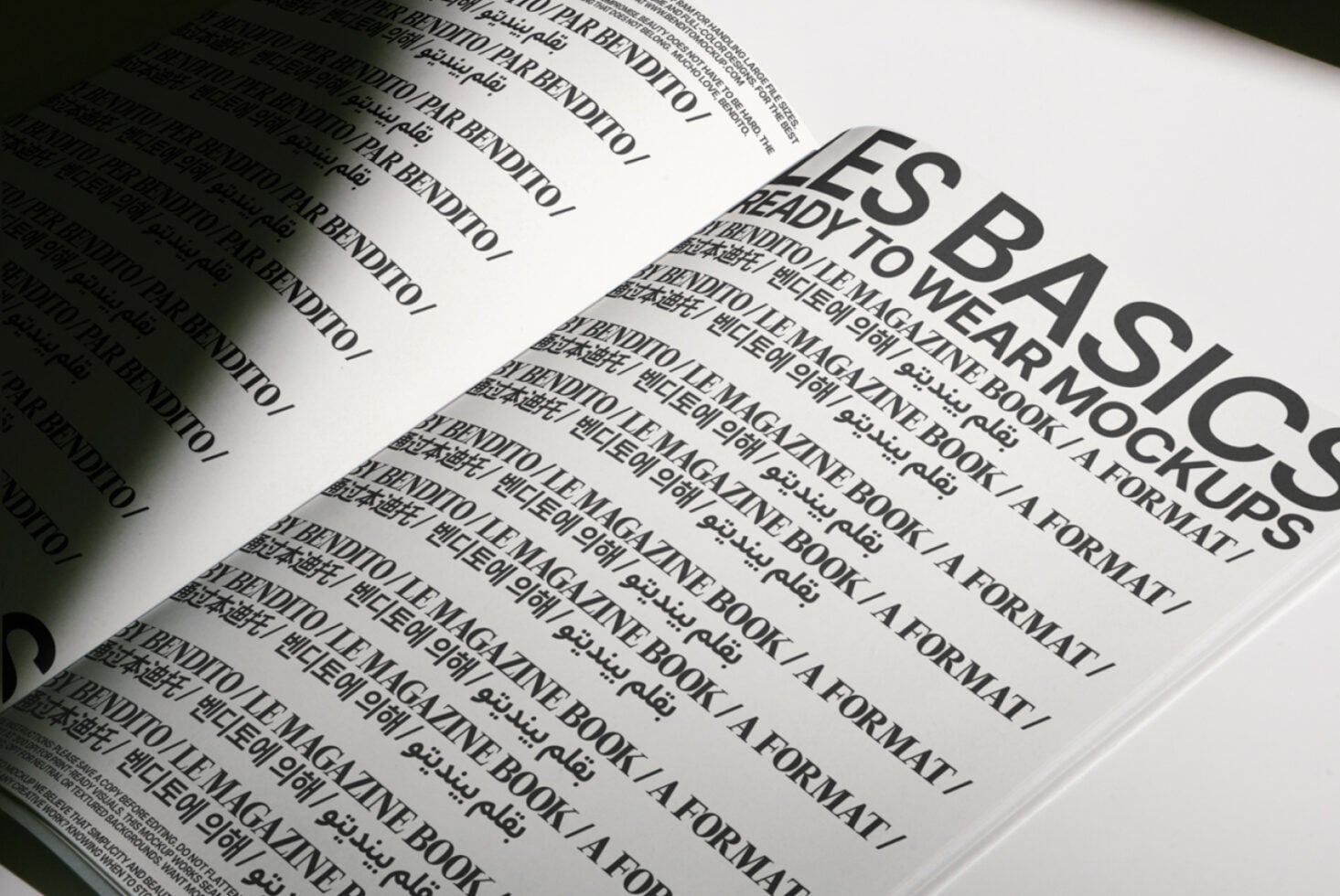 Magazine spread mockup with angled pages displaying text layouts