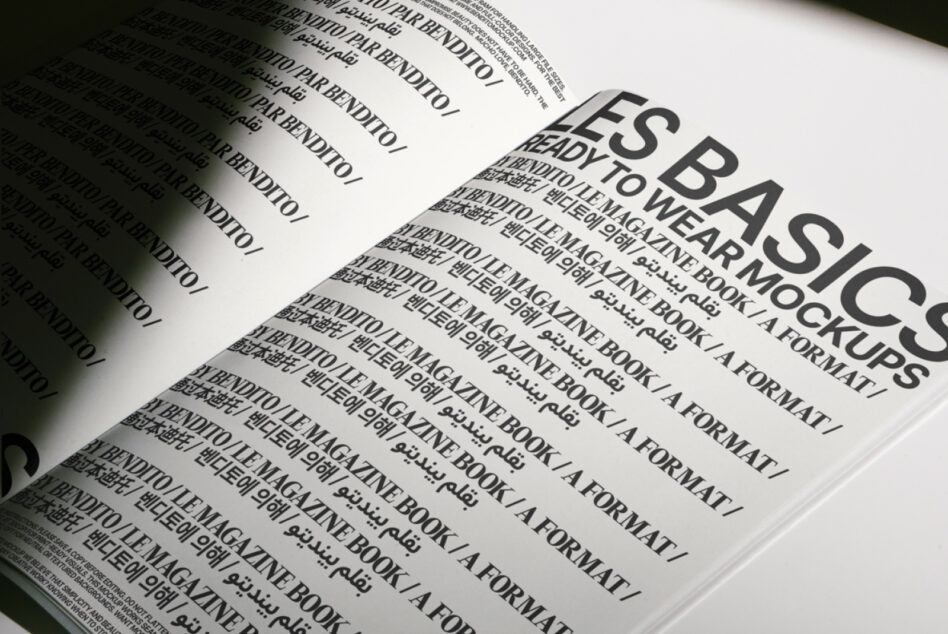 Magazine spread mockup with angled pages displaying text layouts