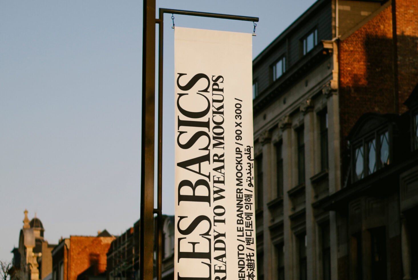Vertical banner hanging on street pole with Les Basics text in serif font