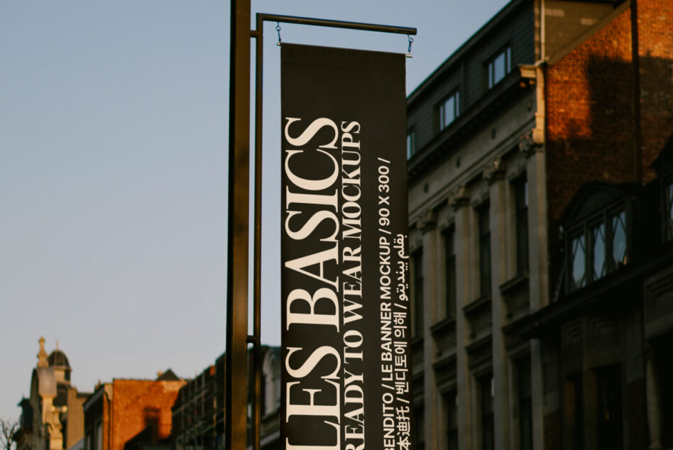 Dark street banner hanging from pole showing Les Basics Ready To Wear Mockups 90x300