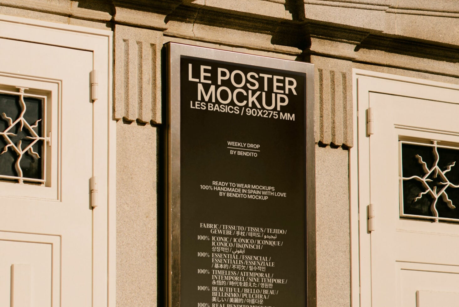 Street poster mockup showing Le Poster Les Basics 90x275mm on classical building entrance