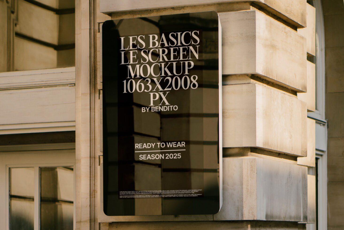 Outdoor digital screen mockup displayed on building. Dimensions 1063x2008 px. Ready to wear season 2025. Perfect for design presentations.