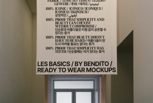 Mockup design banner by Bendito featuring minimalist typography. Keywords: mockups, design, typography, minimalist, banner, ready-to-wear, designers.