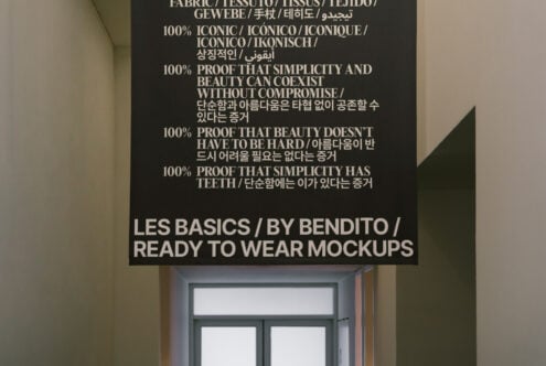 Mockup design featuring multilingual text on simplicity and beauty. Ideal for designers seeking modern typography templates. Black and white aesthetic.