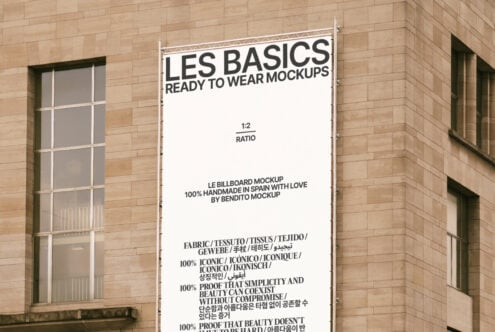 Urban billboard mockup on building, showcasing a minimalist design. Ideal for designers looking for ready-to-wear templates, graphics, and mockups.