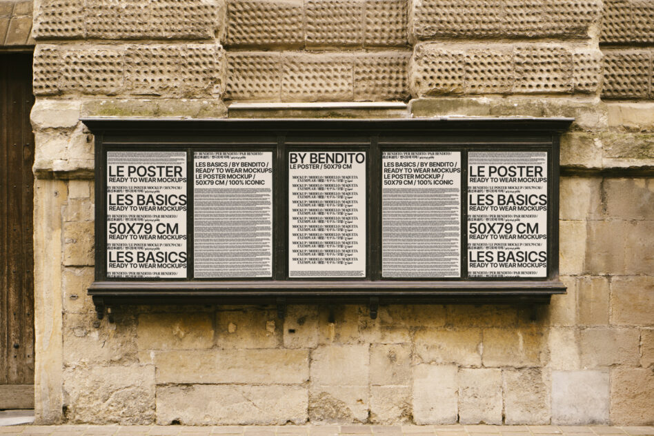Five poster frames mounted on textured brick storefront, Les Basics by Bendito 50x79cm mockup display