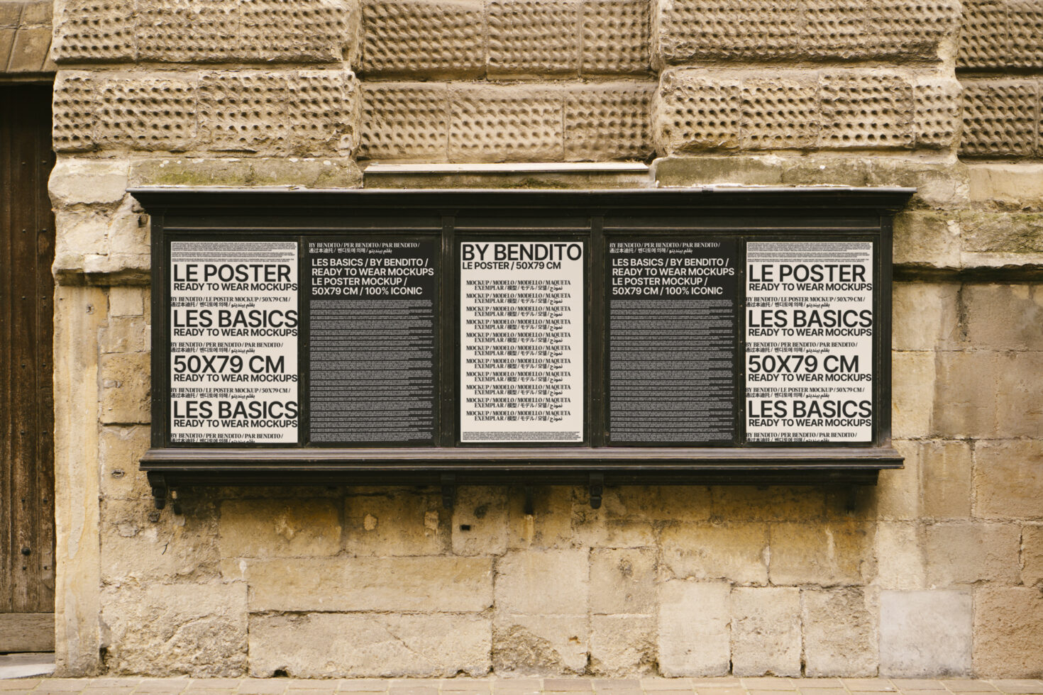 Wall-mounted showcase featuring typography poster mockups with diverse fonts and sizes. Ideal for designers seeking realistic urban display templates.