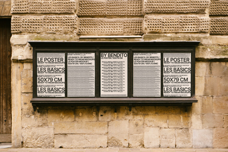Five poster frames mounted on textured brick storefront, Les Basics by Bendito 50x79cm mockup display