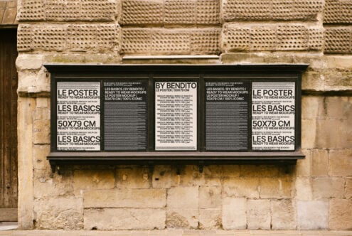 Outdoor poster display with various Le Basics mockups by Bendito on textured brick wall; ideal for designers seeking ready-to-use graphic templates.