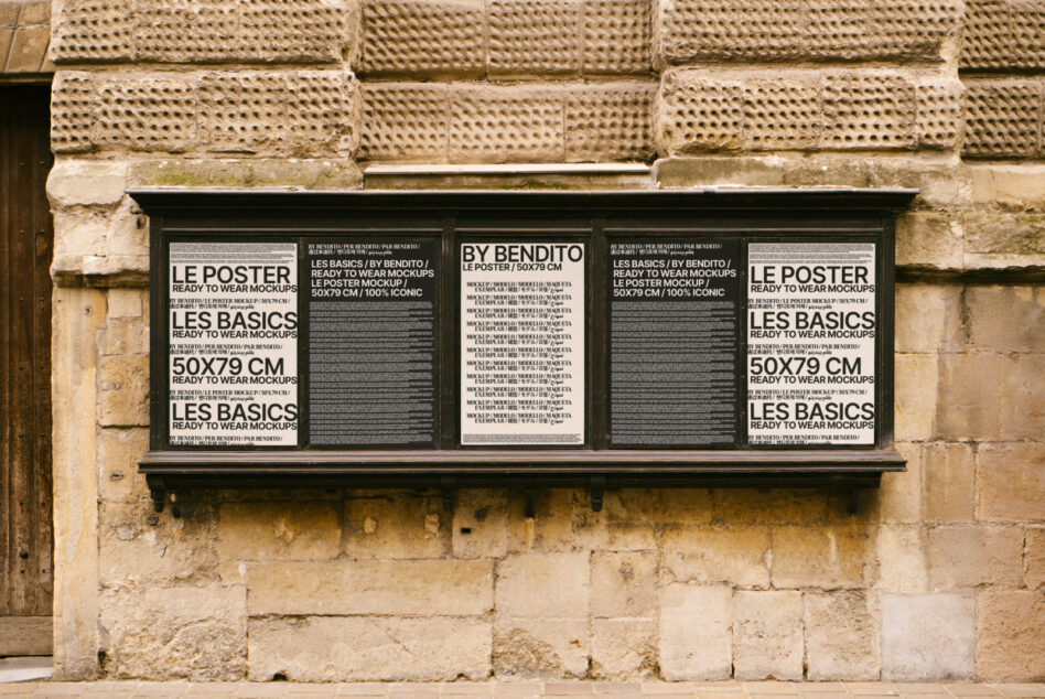 Five poster frames mounted on textured brick storefront, Les Basics by Bendito 50x79cm mockup display