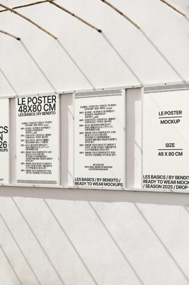 Poster mockup display on white wall featuring multiple 48x80 cm framed designs. Ideal for showcasing artwork, branding, or typography templates.