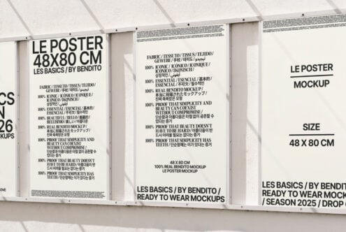 Poster mockup display with text in multiple languages on white background. Ideal for designers needing realistic mockups for showcasing designs and templates.