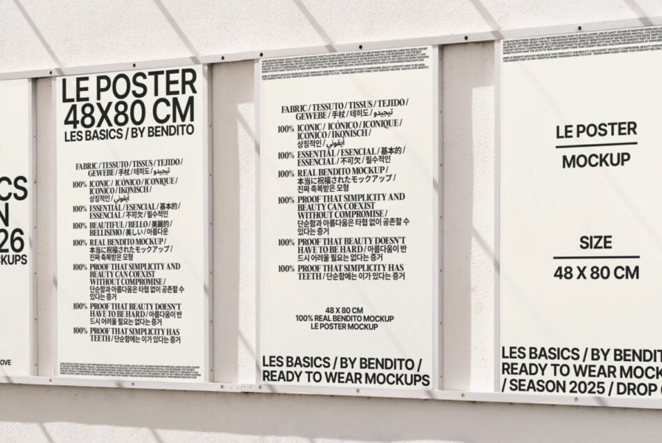 Street window display with five posters mounted behind glass, Les Basics by Bendito 48x80cm mockup on white wall