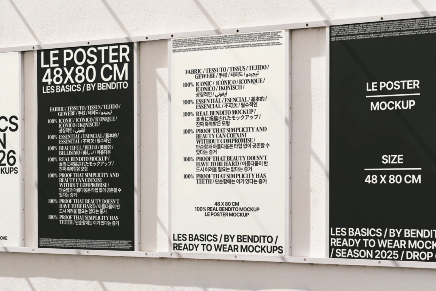Poster mockup display with multilingual text on a wall. Perfect for designers seeking realistic templates for presentation. Size: 48x80 cm.