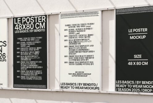 Poster mockup display with multilingual text on a wall. Perfect for designers seeking realistic templates for presentation. Size: 48x80 cm.