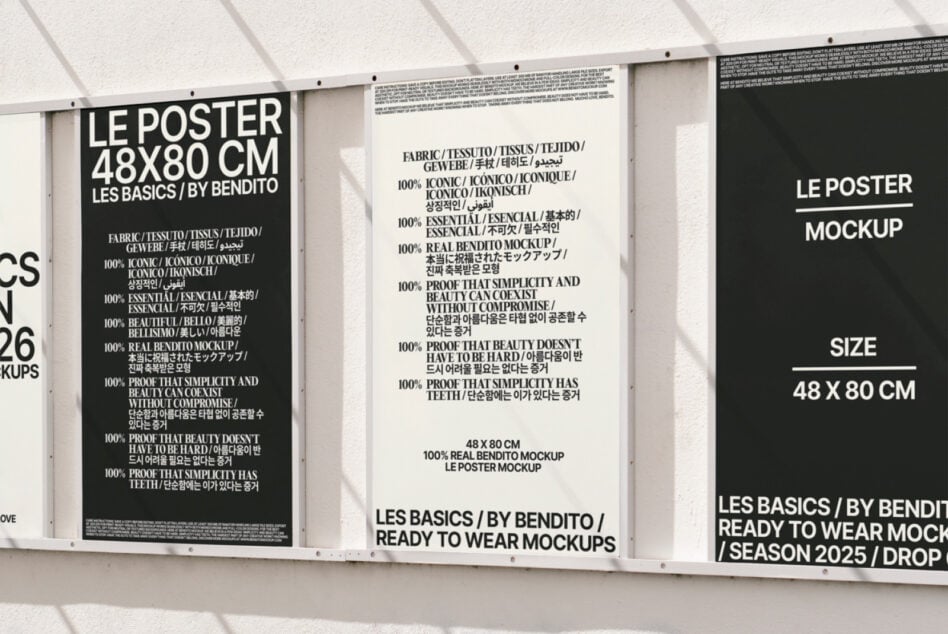 Street window display with five posters mounted behind glass, Les Basics by Bendito 48x80cm mockup on white wall