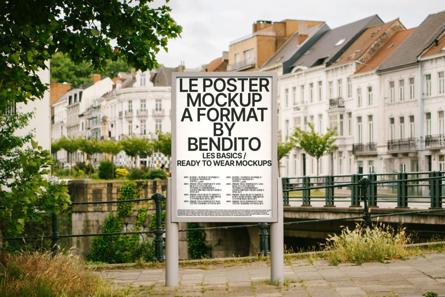Urban poster mockup displayed outdoors in a European city setting featuring modern architecture. Ideal for graphic designers seeking realistic templates.