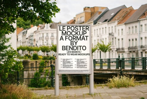 Urban poster mockup displayed outdoors in a European city setting featuring modern architecture. Ideal for graphic designers seeking realistic templates.