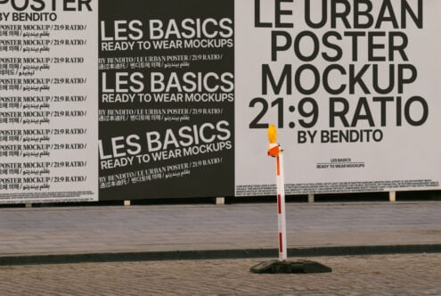 Urban poster mockup with 21:9 ratio by Bendito. Bold text design displayed on outdoor wall, ideal for showcasing creative street-style graphics.