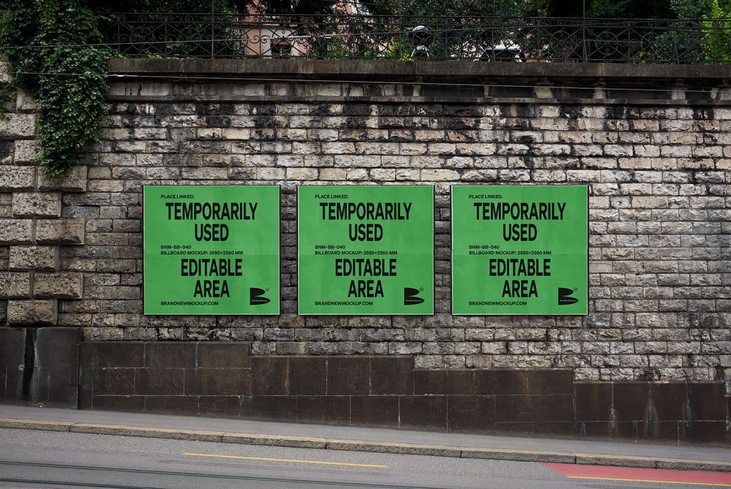 Three green billboard mockups on a textured stone wall suitable for outdoor advertising design showcasing an editable area for graphic designers and marketers.