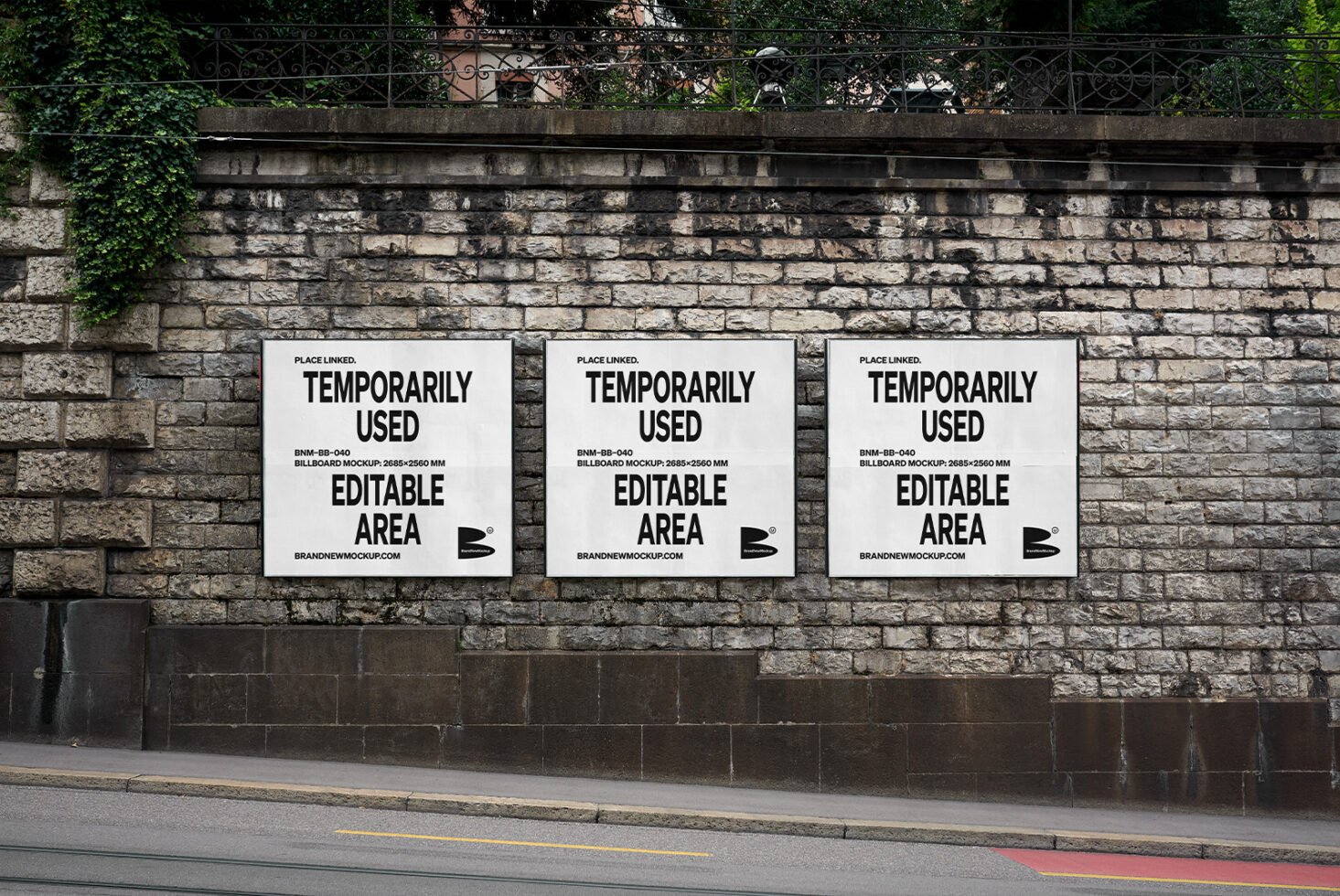 Mockup of three large posters on a brick wall along a street. Perfect for designers seeking billboard mockups for urban advertising projects. Editable area.