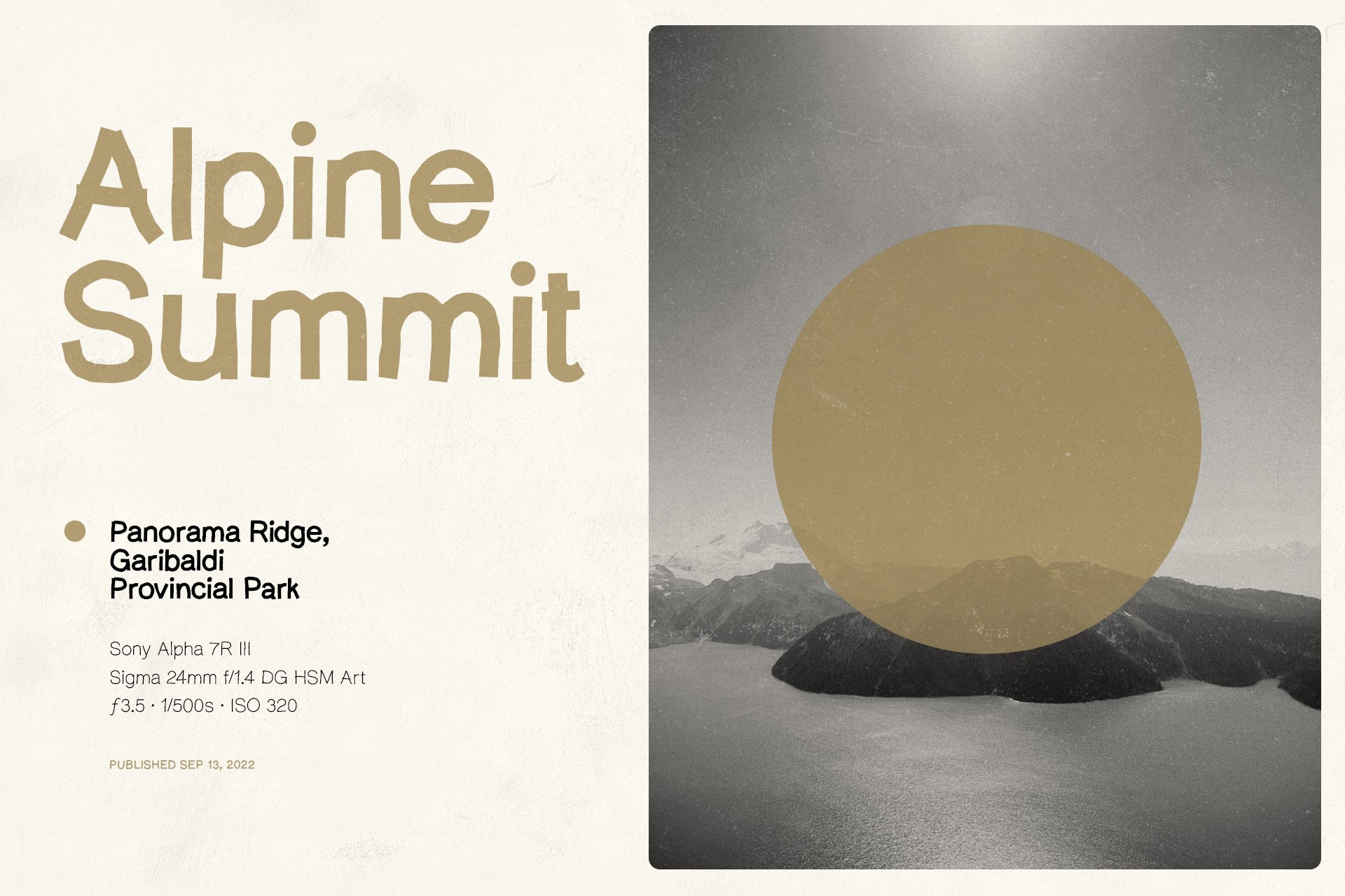 Vintage landscape poster template with Alpine Summit text overlay. Sepia tones, ideal for digital mockups or graphics. Photography specs included.