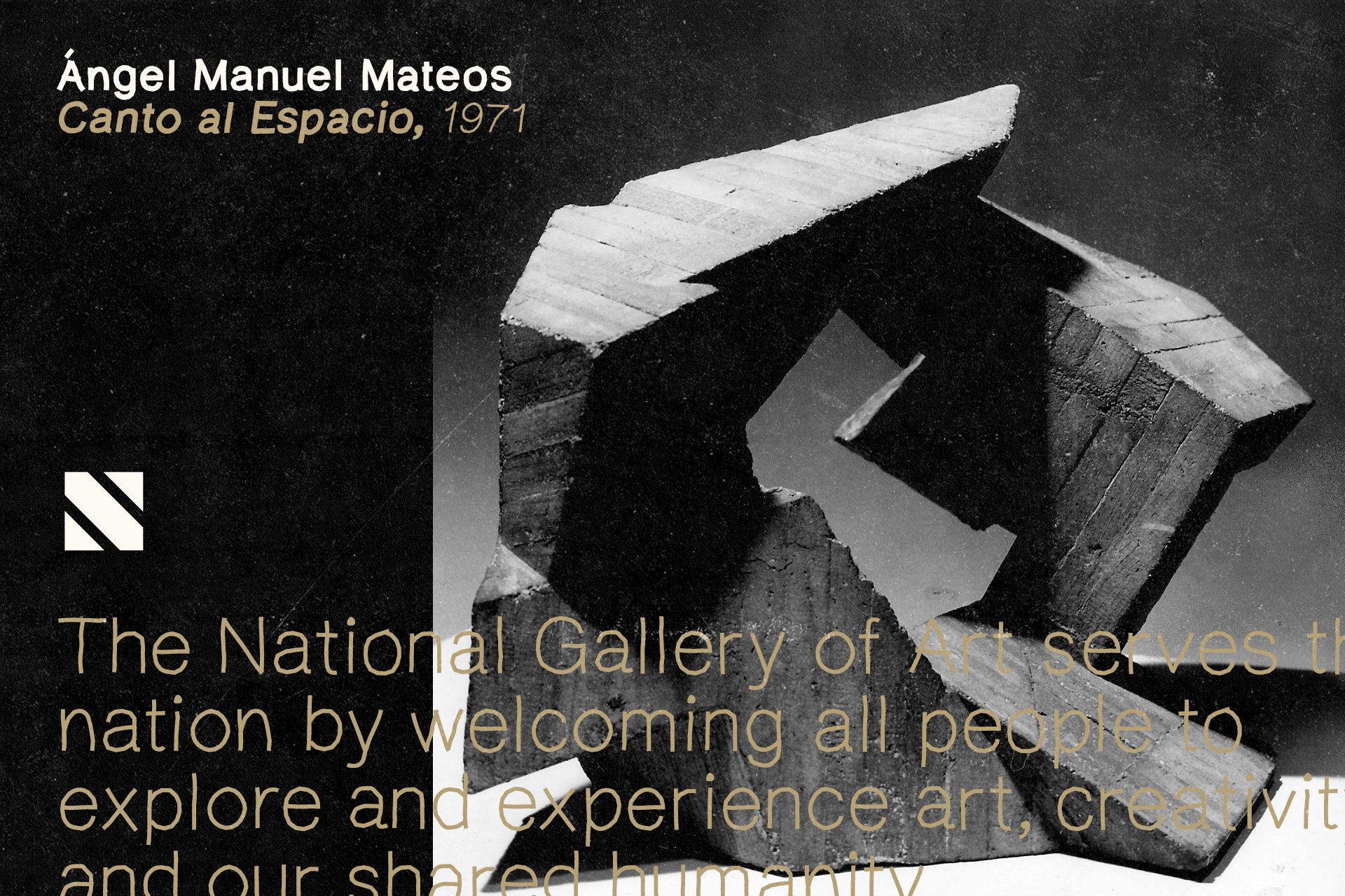 Abstract geometric sculpture against dark background with overlay text promoting the National Gallery of Art. Ideal for design templates and graphics.