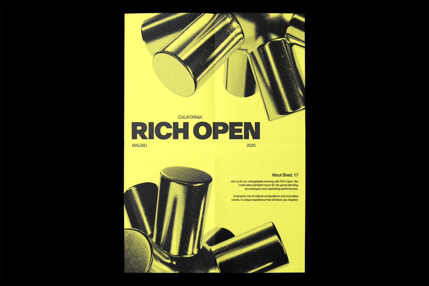 Bold yellow event poster with abstract metal shapes and bold text promoting Rich Open in Malibu 2025 ideal for graphic design mockups and templates.
