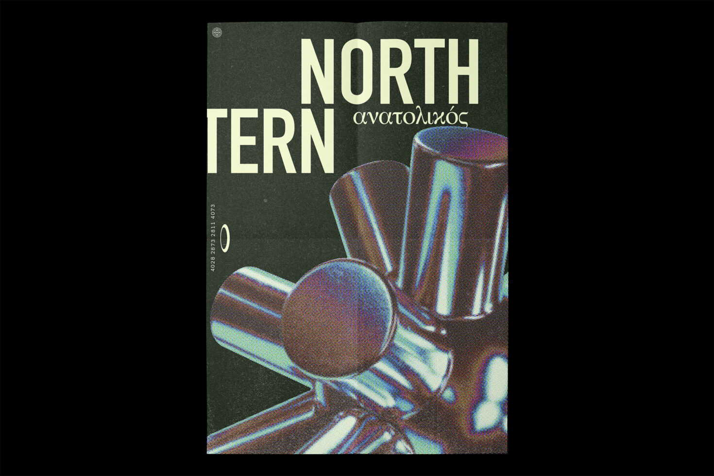 Poster design featuring bold text NORTH TERN with industrial metallic shapes. Vibrant colors on a dark background. Ideal for designers seeking inspiration.