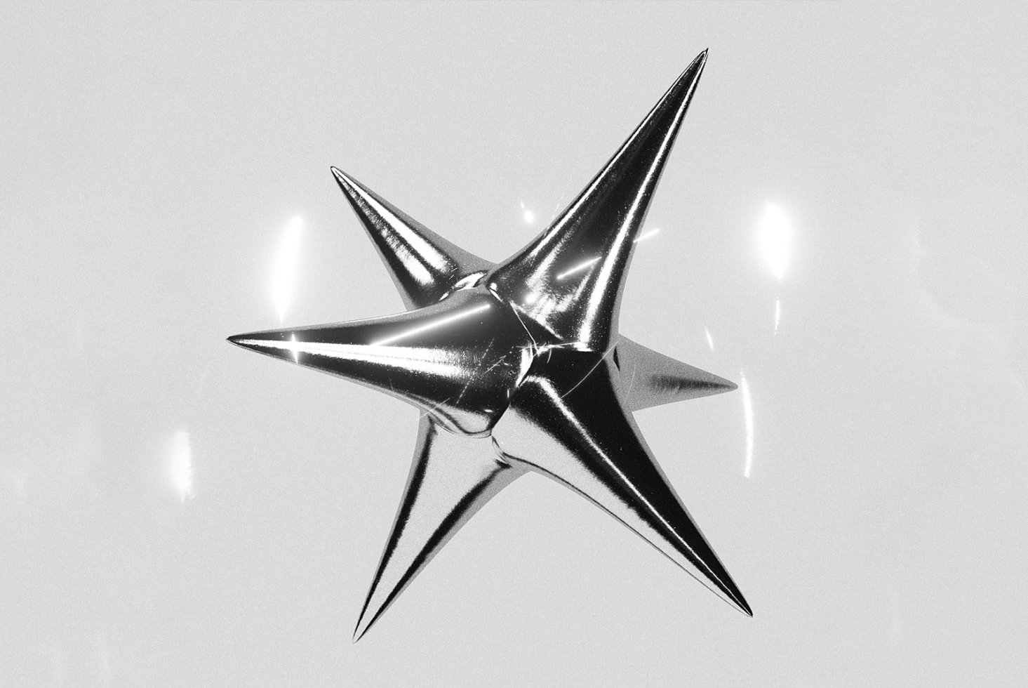 Metallic 3D star shape with sharp spikes; abstract design; shiny silver futuristic style suitable for graphic designers; digital art asset.