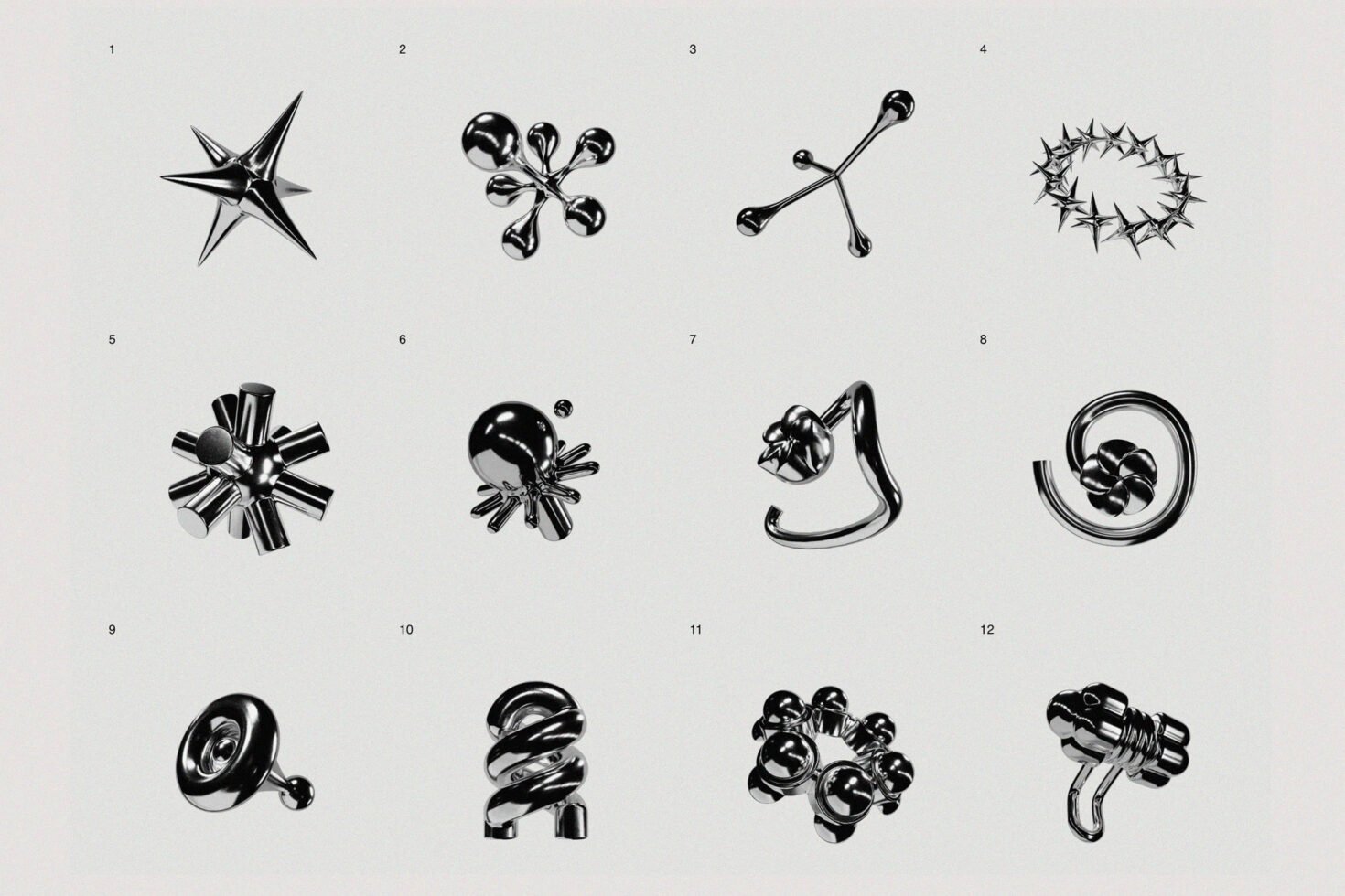 Twelve abstract black metallic shapes on a light background for graphic design Mockups or Templates digital assets. Ideal for designers seeking unique elements.
