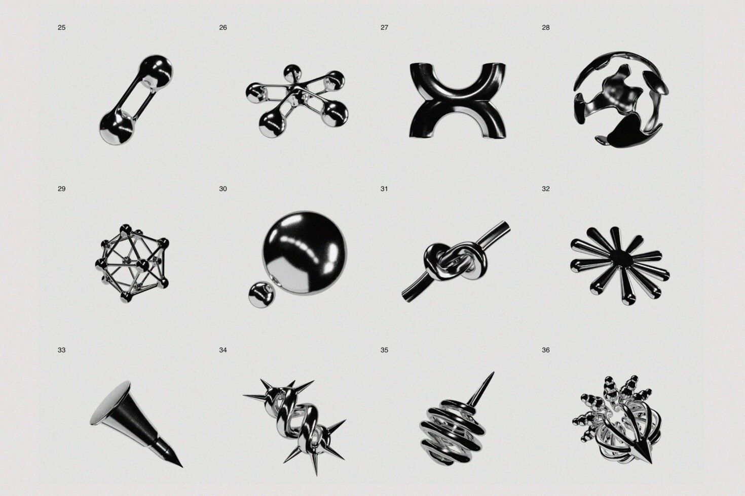 Collection of abstract black geometric forms on light background showcasing unique 3D shapes. Suitable for digital graphics, mockups, and design assets.