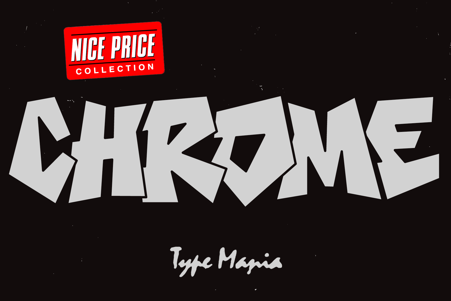 Bold graffiti-style font named Chrome with angular letters in gray on black background. Ideal for designers seeking urban fonts. Type design resource.