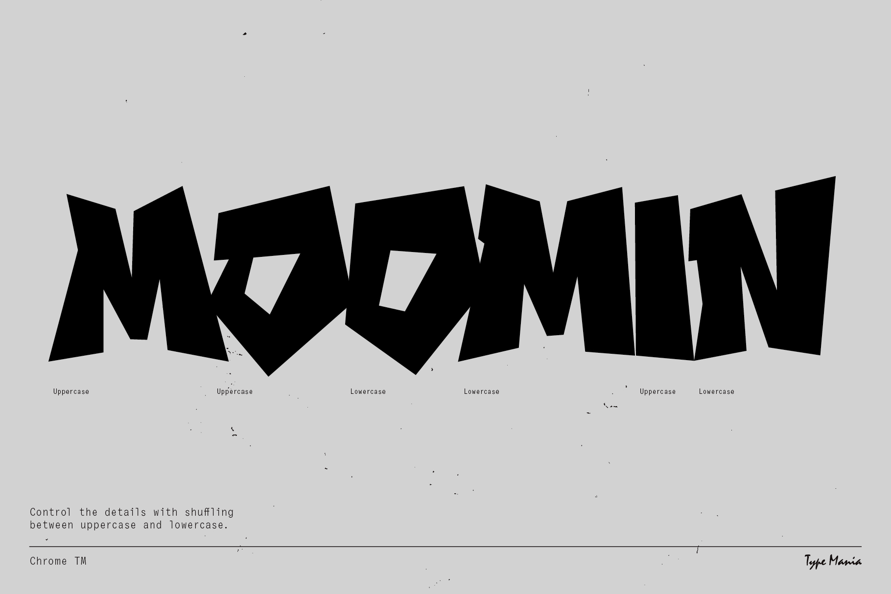 Bold geometric font design displaying the word Moomin in uppercase and lowercase. Ideal for typography projects, font design, graphic templates.