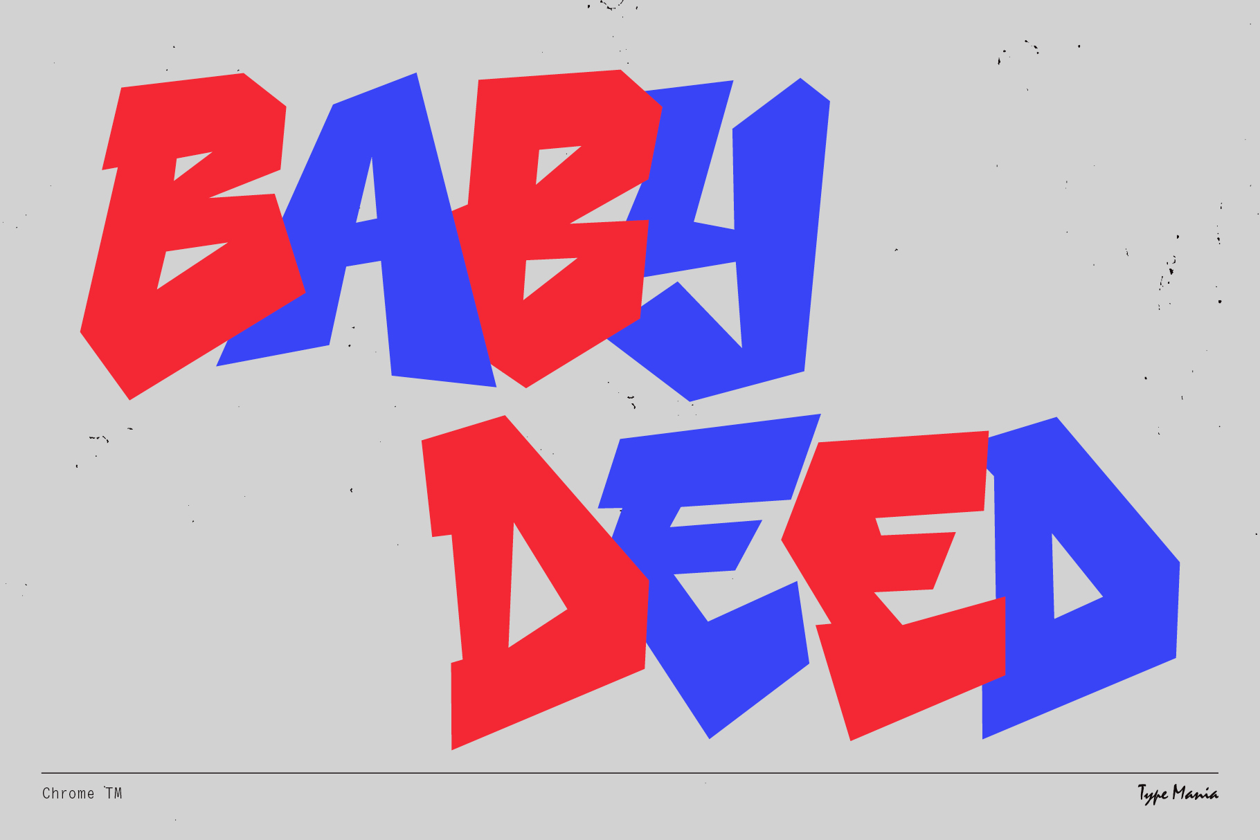 Bold font design with angular red and blue letters on gray background. Ideal for graphics, typography projects, urban themes, modern design assets.