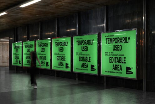 Subway advertising mockup showcases five green backlit posters reading temporarily used editable area ideal for designers to apply custom graphics.