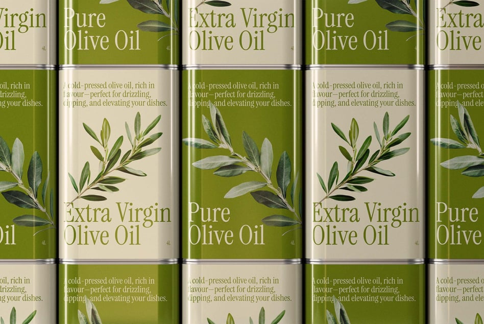 Olive oil can packaging mockup with green tones and botanical illustrations. Keywords: mockups, packaging design, extra virgin olive oil, graphics.