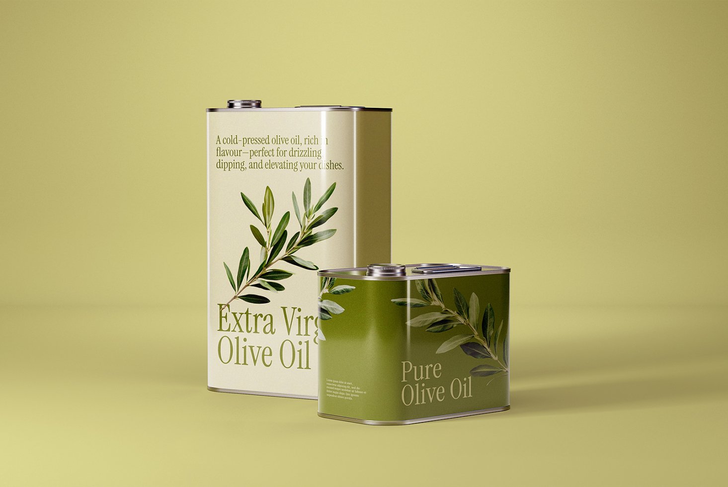 Two olive oil cans with label mockup showcasing Extra Virgin and Pure Olive Oil. Ideal for product design, packaging, branding, food industry visuals.