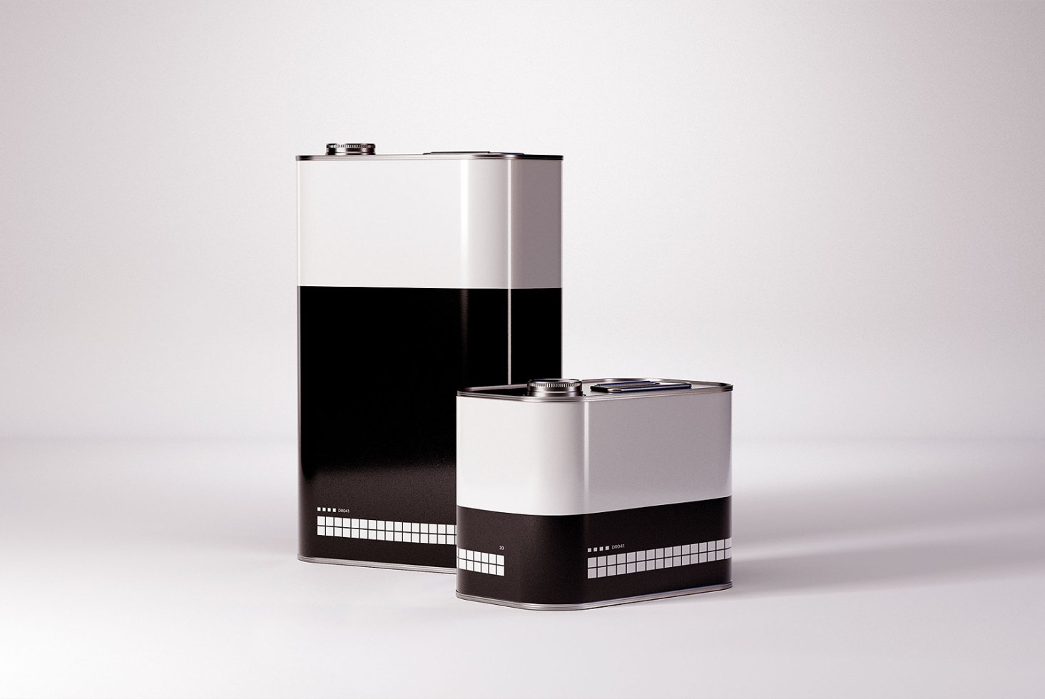Two sleek black and white metal canisters with modern design elements on a minimalist background perfect for product mockups and packaging templates.