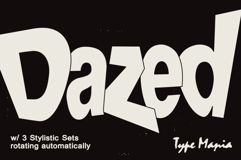 Dazed display font in cream on black with 3 rotating stylistic sets
