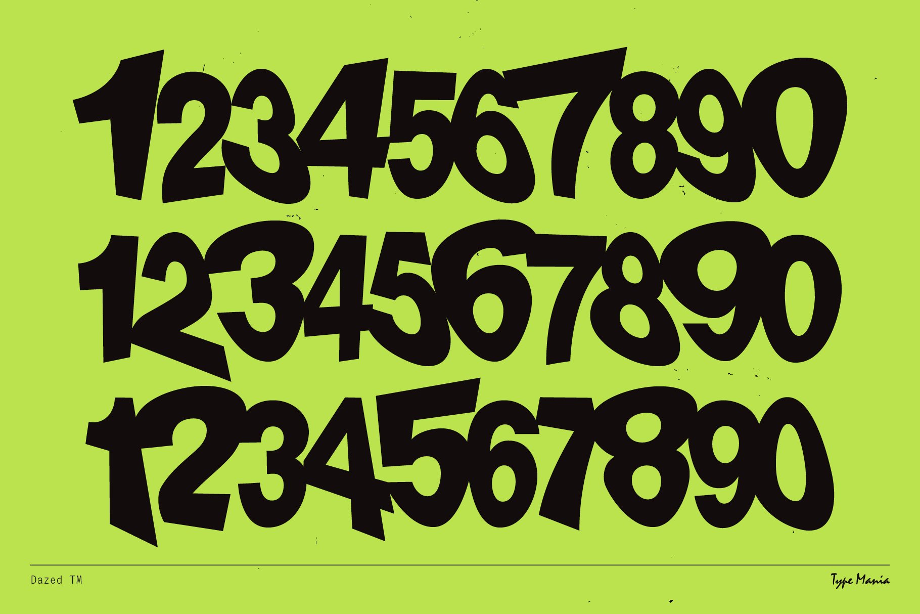 Bold geometric font showcasing numbers 0-9 in three variations on a vibrant green background ideal for typography designs and templates.