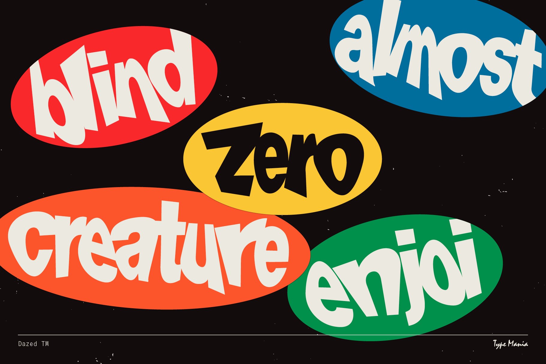 Bold retro font design with colorful oval shapes containing words like blind zero almost creature enjo; ideal for typography graphics and designer resources.