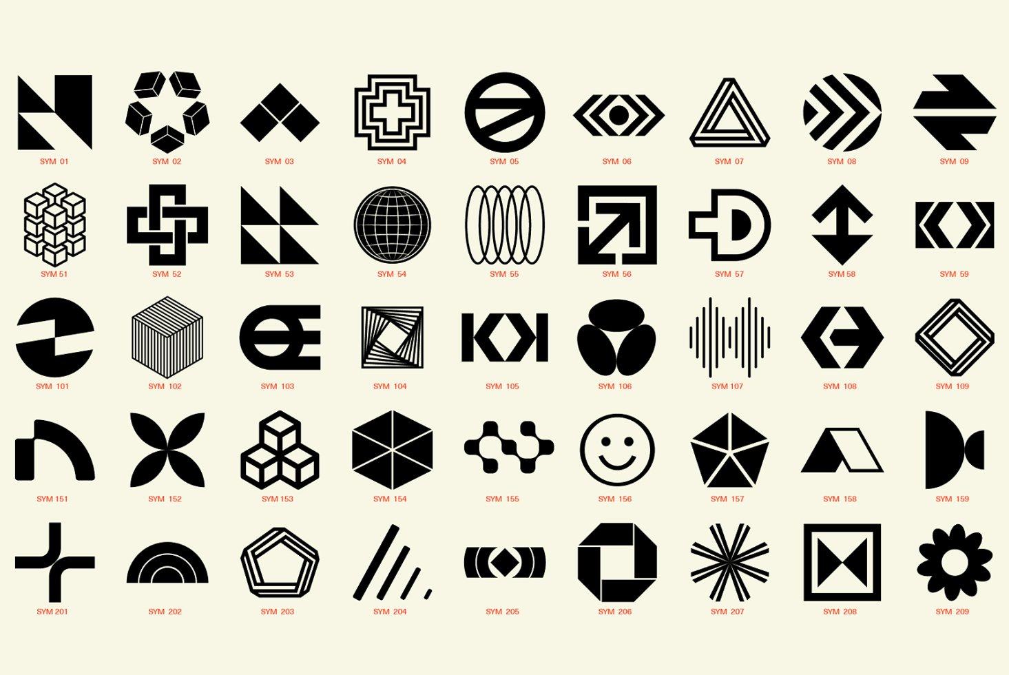 Collection of 40 black geometric logo symbols on a light background for designers. Perfect for creating bold graphic templates and branding mockups.