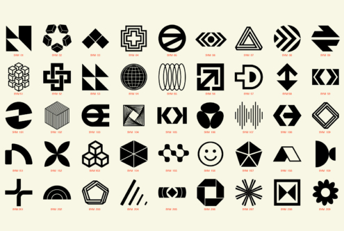 Collection of 40 black geometric logo symbols on a light background for designers. Perfect for creating bold graphic templates and branding mockups.