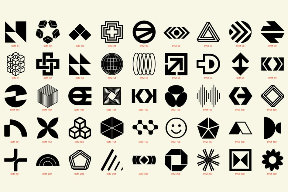 Collection of 40 black geometric logo symbols on a light background for designers. Perfect for creating bold graphic templates and branding mockups.